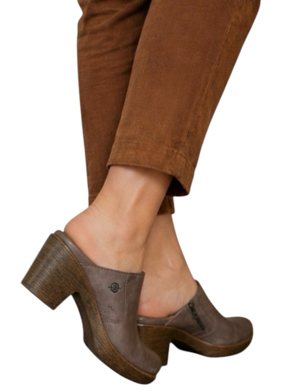 BORN Haledon Leather Clog Mules Brown Pewter Woodgrain Heel Comfort Shoes 7 EU38